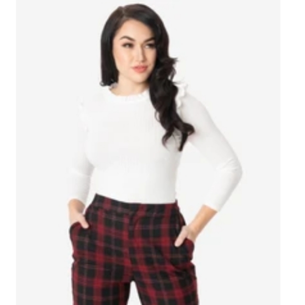 Off White Ruffle Neck Top - Large